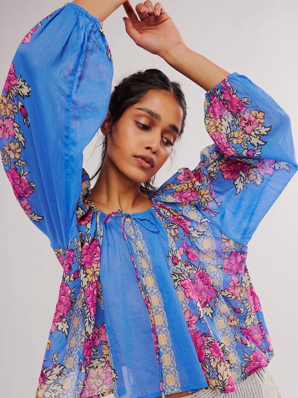 Free People Elena Floral Printed Blue Peasant Blouse Small